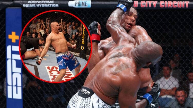 Main: Khalil Rountree Jr punches Jamahal Hill during their UFC Baku main event. Inset: Chuck Liddell celebrates knocking out Randy Couture at UFC 57.