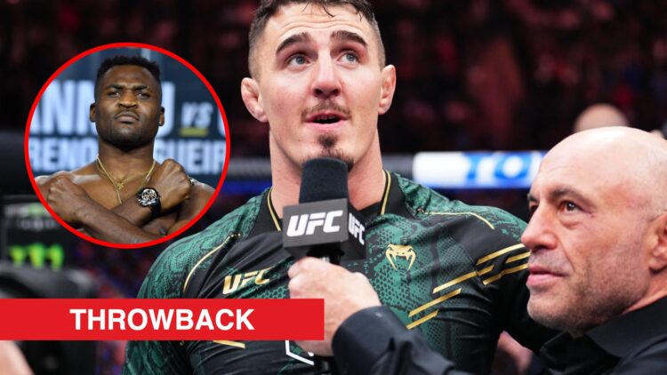 Main: Tom Aspinall speaks to Joe Rogan after knocking out Sergei Pavlovich at UFC 295. Inset; Francis Ngannou on stage at the UFC 270 ceremonial we...