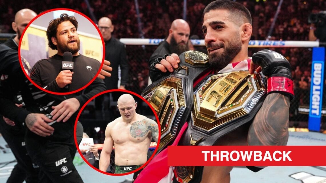 Main: Ilia Topuria holds up two UFC titles after knocking out Charles Oliveira at UFC 317. Top inset: Tai Tuivasa appears at the UFC 293 open worko...