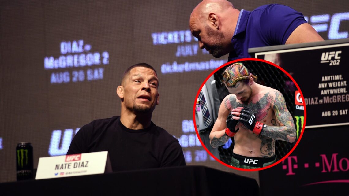 Main: Dana White speaks to Nate Diaz on stage during the UFC 205 press conference. Inset: Sean O'Malley celebrates after knocking Thomas Almeida ou...
