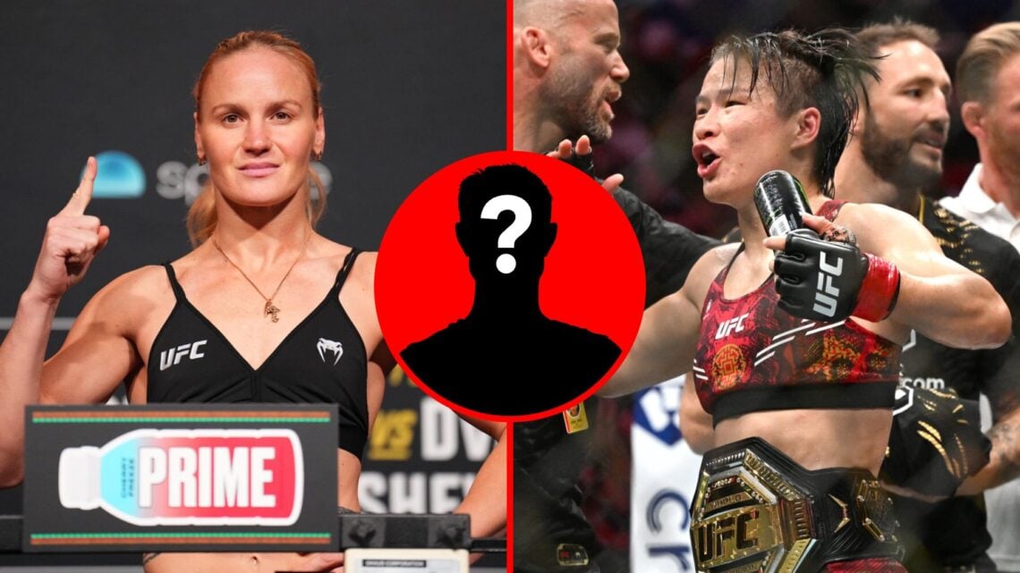 Left: Valentina Shevchenko weighs in for her title fight against Alexa Grasso at UFC 306. Right: Zhang Weili celebrates after beating Tatiana Suare...