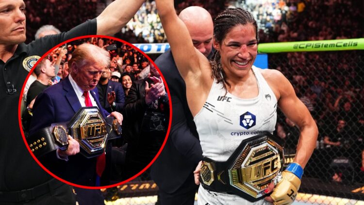 Main: Julianna Pena celebrates following her title win over Raquel Pennington at UFC 307. Inset: US president Donald Trump holds a UFC title while ...