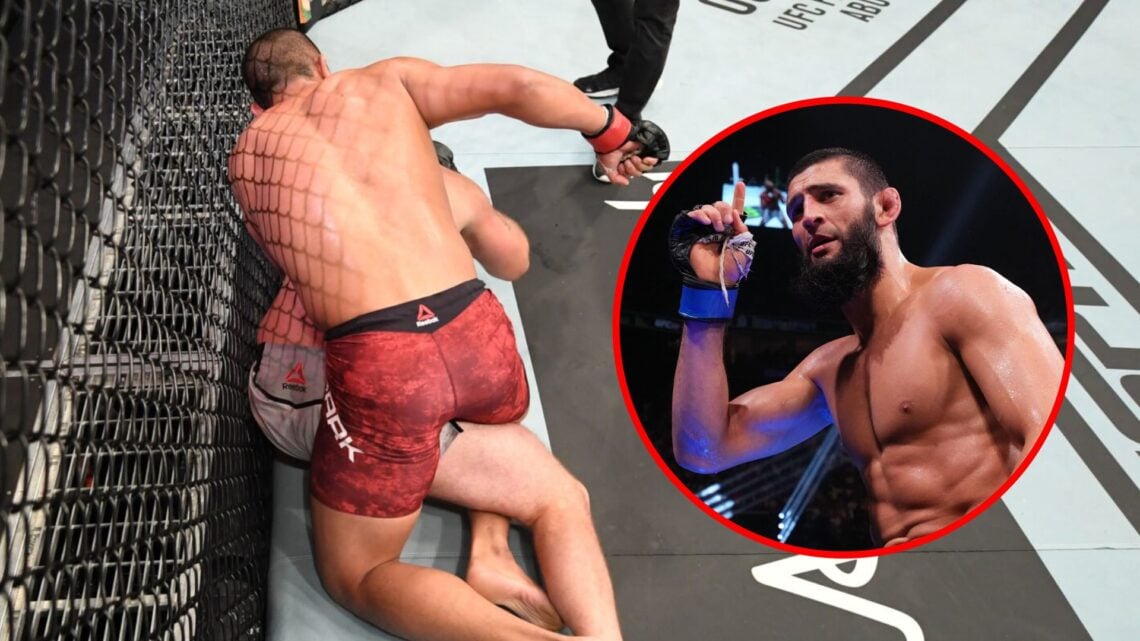 Main: JunYong park punches John Phillips on the ground during their fight at UFC Fight Island 6. Inset: Khamzat Chimaev celebrates his win over Kam...