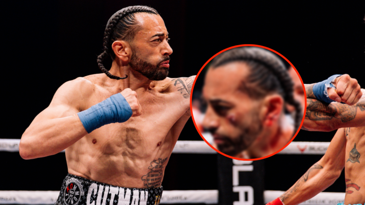 Gee Perez punching Andrew Strode at BKFC 78 with inset of ear injury