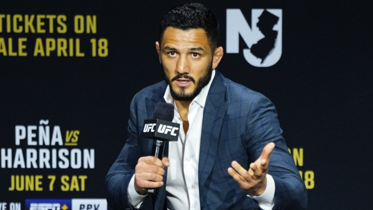 Aaron Pico answers a question during a UFC 316 Q+A session with fans