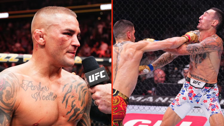 Split image of Dustin Poirier at UFC 302 and Ilia Topuria punching Max Holloway at UFC 308