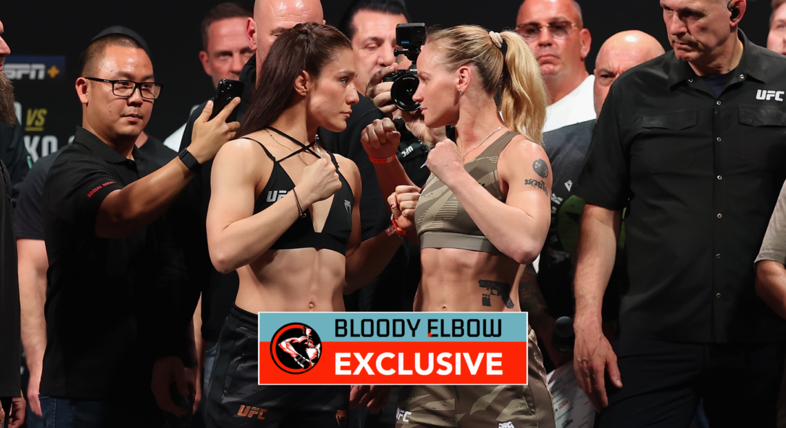 Alexa Grasso and Valentina Shevchenko face off at their final weigh-in. Overlay text reads: BLOODY ELBOW EXCLUSIVE