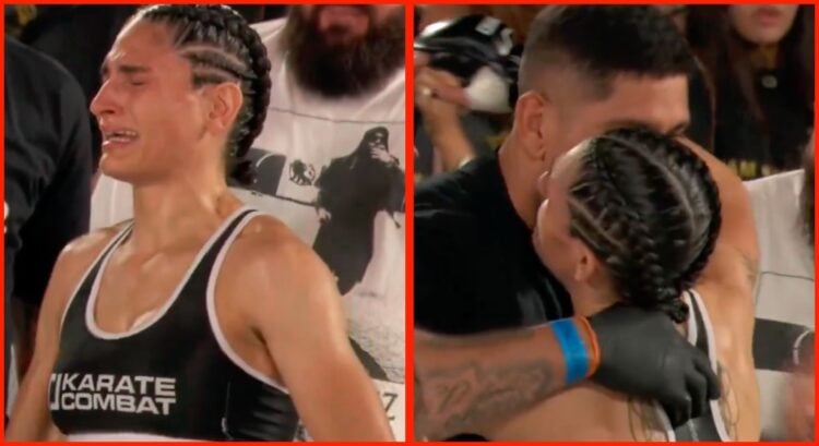 Split image of Aline Pereira crying after winning at Karate Combat 56, and Alex Pereira giving her a hug.