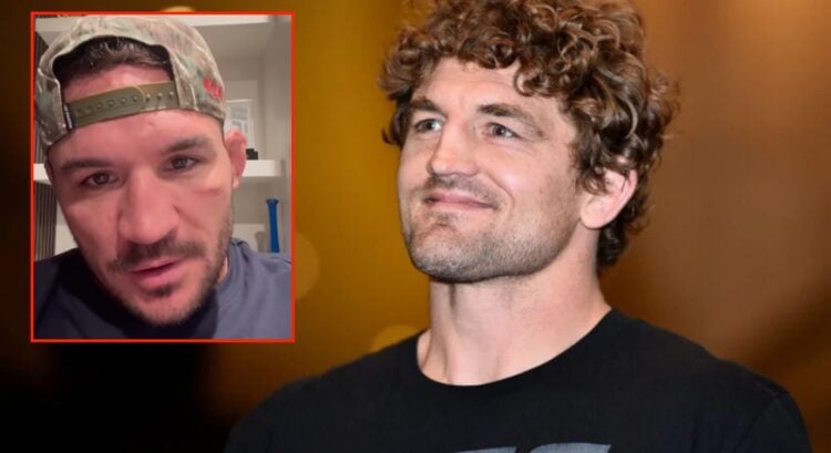Ben Askren holds an open workout ahead of UFC 239, inset of Michael Chandler's video message to him.