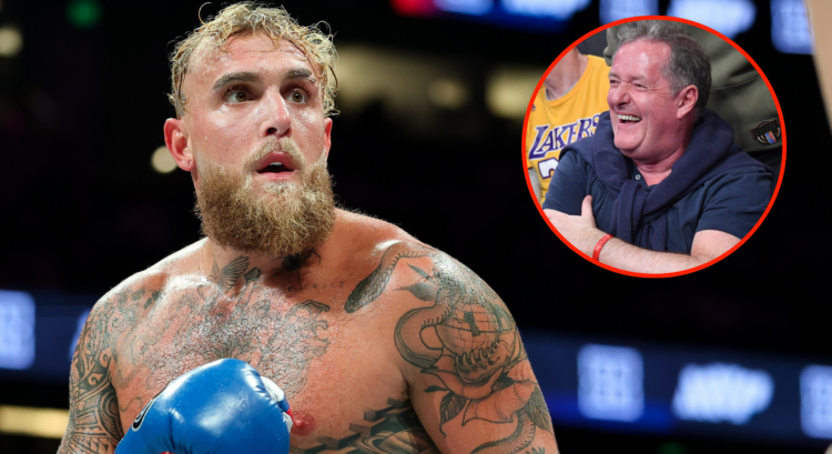 Jake Paul boxes Julio Cesar Chavez Jr., inset Piers Morgan at a Los Angeles Lakers NBA basketball game