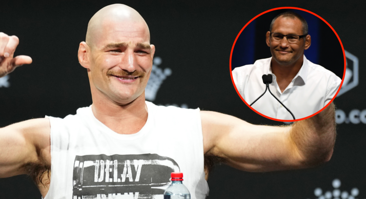 Sean Strickland acknowledges the crowd during the UFC 312 press conference, inset Dan Henderson at a UFC Hall of Fame ceremony