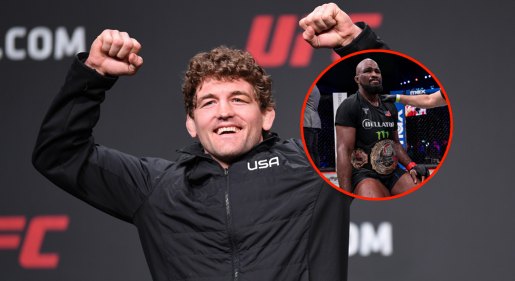 Main photo shows Ben Askren with his arms up wearing a USA jacket. Bubble shows Corey Anderson on his knees celebrating his Bellator title win