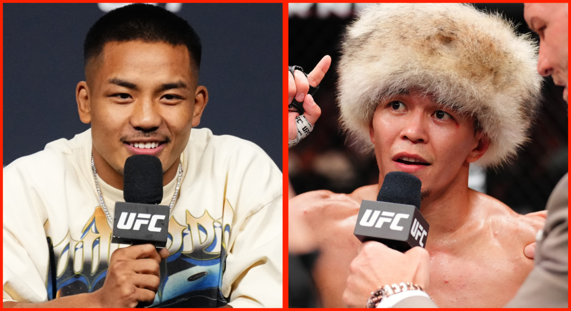 Joshua Van appears at the UFC 317 pre-fight press conference, opposite Asu Almabayev in the cage after UFC Abu Dhabi