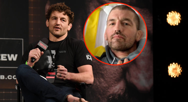 Main photo shows Ben Askren at the press conference for his fight with Jake Paul (not pictured). Bubble shows Ben Askren speaking from a hospital bed