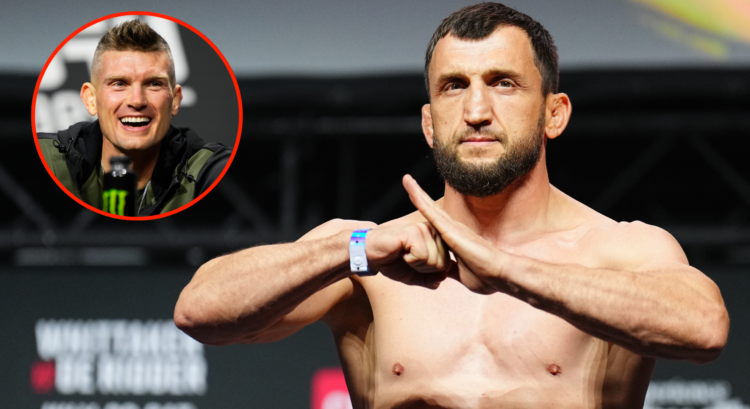 Muslim Salikhov poses on the scale at the UFC Abu Dhabi ceremonial weigh-in, inset Stephen Thompson at the UFC 307 press conference