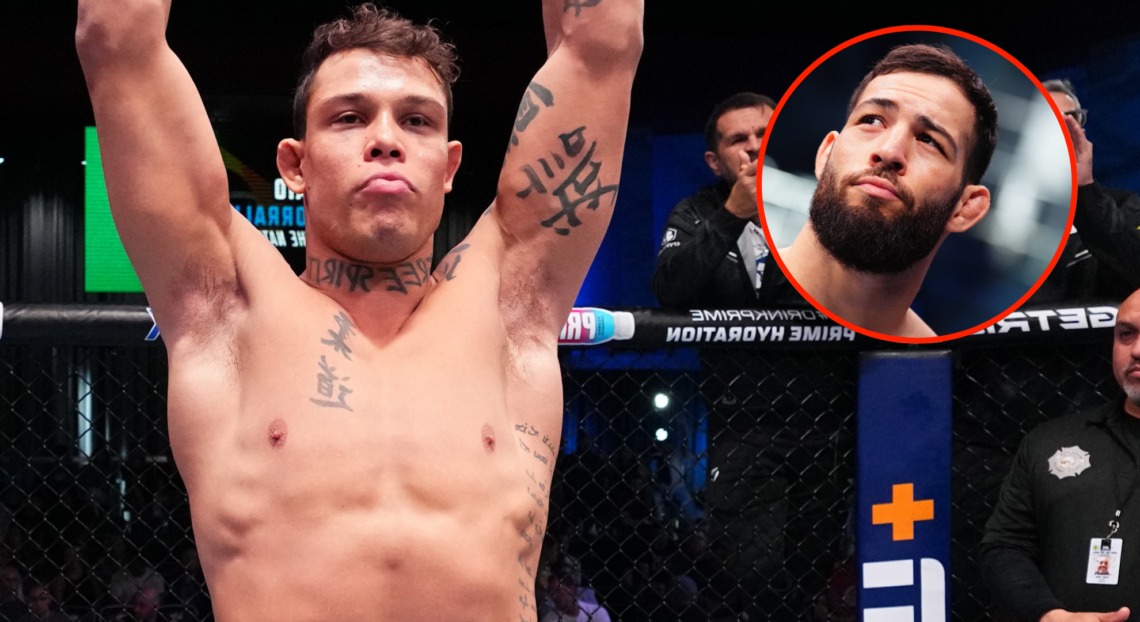 Caio Borralho reacts during his introduction at the UFC Apex for his fight with Jared Cannonier, inset Nassourdine Imavov in the cage at UFC Saudi ...