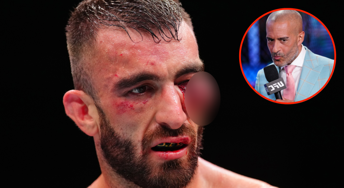 Mohammad Yahya after his loss to Steven Nguyen at UFC Abu Dhabi, inset Jon Anik cageside at UFC 318