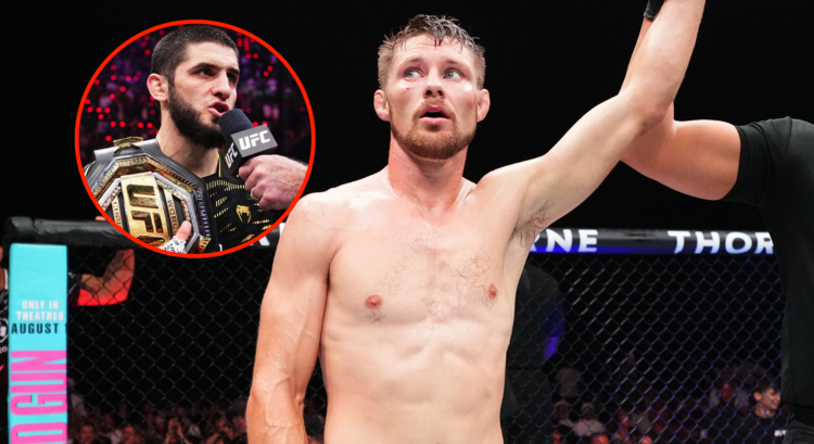 Main photo shows Bryce Mitchell after winning at UFC Abu Dhabi. Bubble shows Islam Makhachev giving an interview with his UFC title belt on