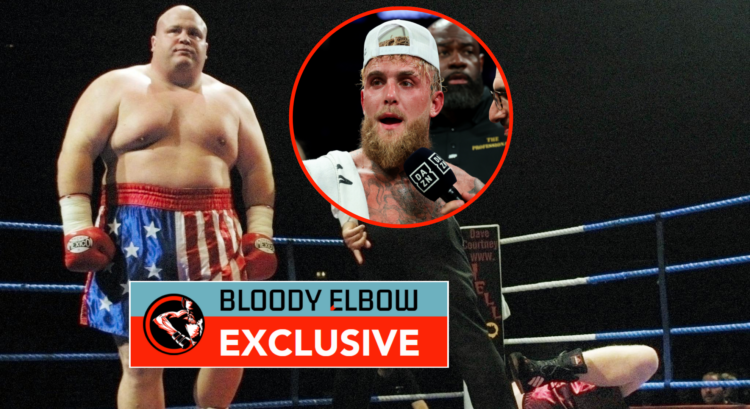 Main photo shows Eric 'Butterbean' Esch walking away from a knocked out opponent. Bubble shows Jake Paul talking into a DAZN microphone after a fig...
