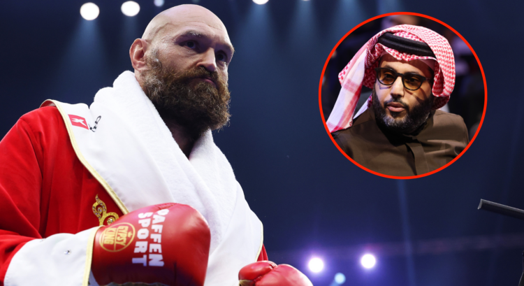 Tyson Fury enters the ring for his rematch with Oleksandr Usyk, inset Turki Alalshikh at an event