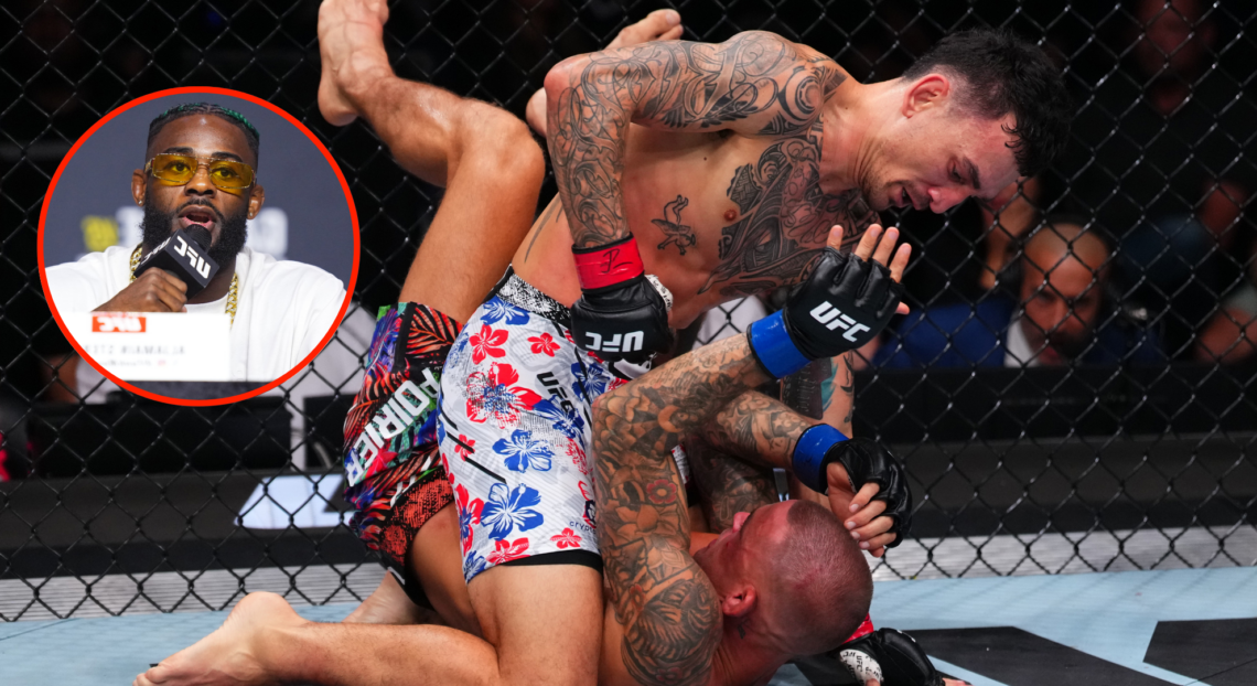 Max Holloway punches Dustin Poirier during their fight at UFC 318, inset Aljamain Sterling at the UFC 310 press conference