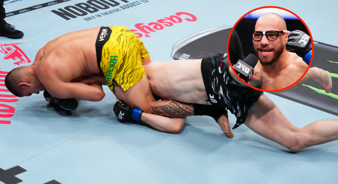 Brunno Ferreira submits Jackson McVey with an armbar at UFC 318, inset Jean Silva after a win at UFC 314