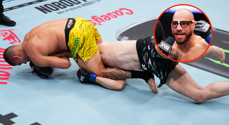 Brunno Ferreira submits Jackson McVey with an armbar at UFC 318, inset Jean Silva after a win at UFC 314