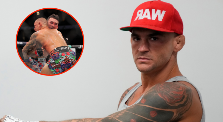 Dustin Poirier gets his hand wrapped just before his fight at UFC 318, inset Poirier grappling with Max Holloway