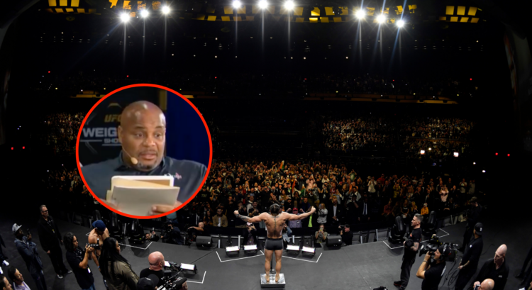 Conor McGregor weighing in in front of a packed T-Mobile Arena. Bubble shows Daniel Cormier looking stunned