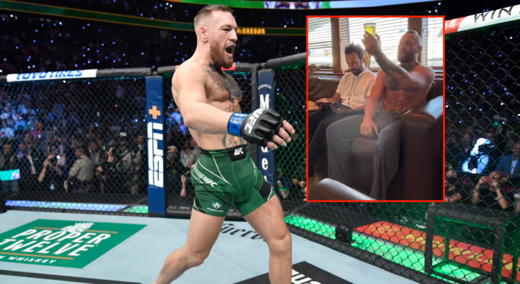 Conor McGregor walking around the octagon (main) and showing off a urine test in a cup on his yacht (left)