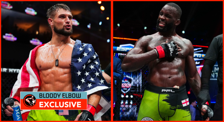 Dalton Rosta with a USA flag and Fabian Edwards holding his chest both celebrating their PFL wins