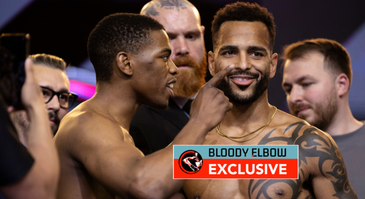 Patrick Habirora points at and trash talks Danny Roberts at the PFL Brussels weigh-in. Overlay text reads: BLOODY ELBOW EXCLUSIVE