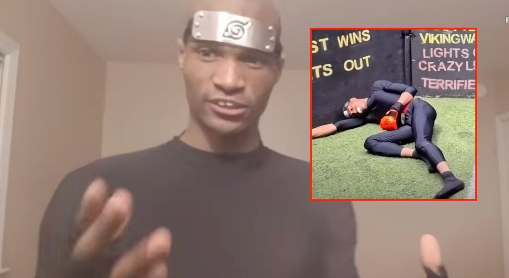 Death Sentence speaks to camera, inset of him on the floor after being KO'd.
