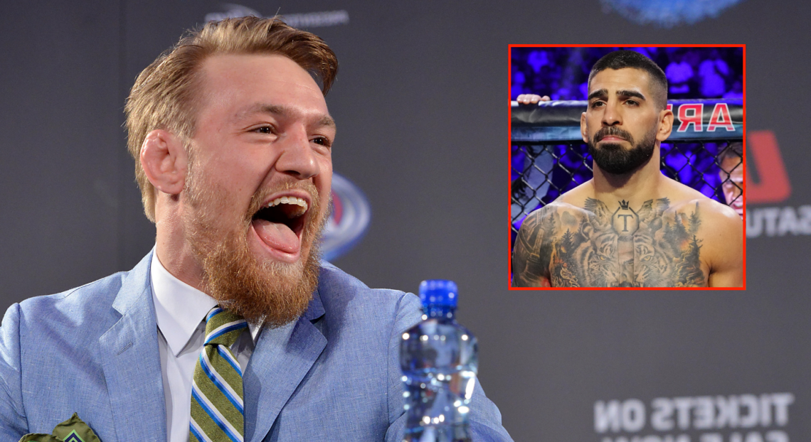 Conor McGregor laughs at Jose Aldo during a UFC 194 press tour, inset Ilia Topuria in the cage at UFC 317