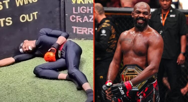 Split image of Death Sentence on the ground after losing by TKO, and Jon Jones celebrating his win at UFC 309