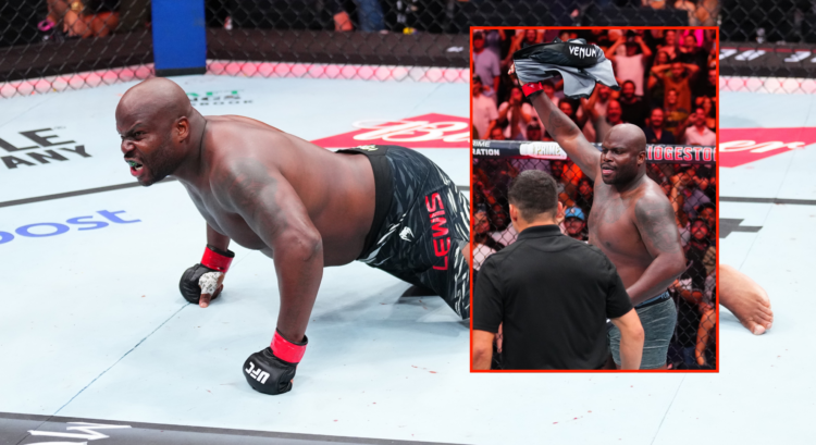 Derrick Lewis celebrating his win over Tallison Teixeira (not pictured) in two photos