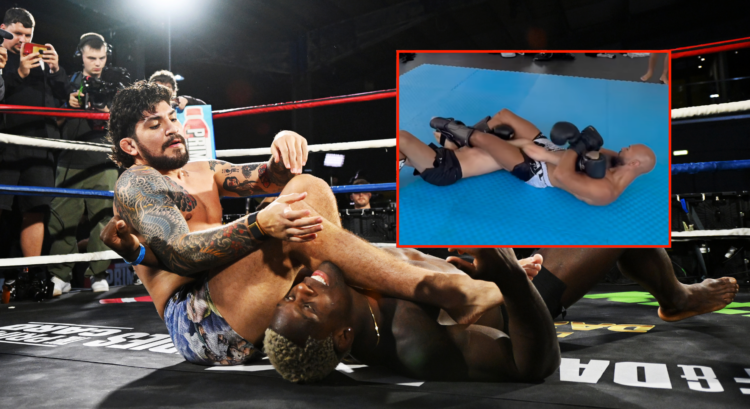 Main photo shows Dillon Danis lock in an arm bar on Phil Hawes at an open workout. Block photo shows Andrew Tate do the same to Warren Spencer