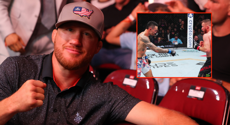 Justin Gaethje poses for a photo while sitting cageside at UFC 316, inset Max Holloway pointing to the ground during his fight with Gaethje at UFC 300