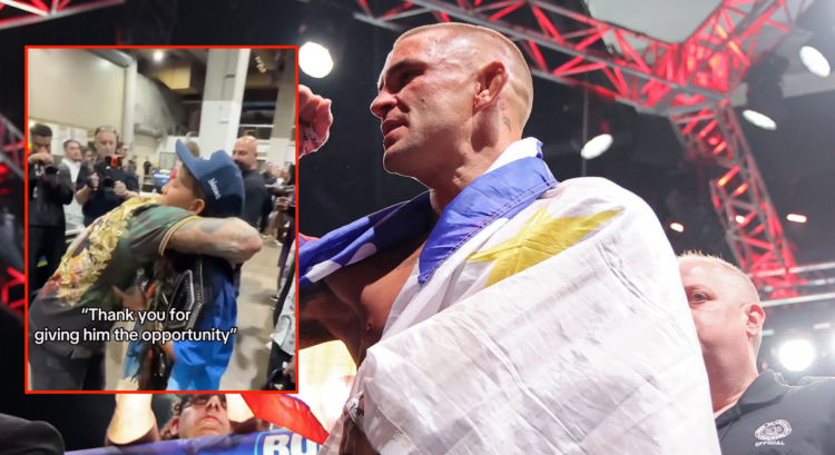 Dustin Poirier leaves the Octagon following UFC 318 with an inset of Poirier hugging Max Holloway's son backstage