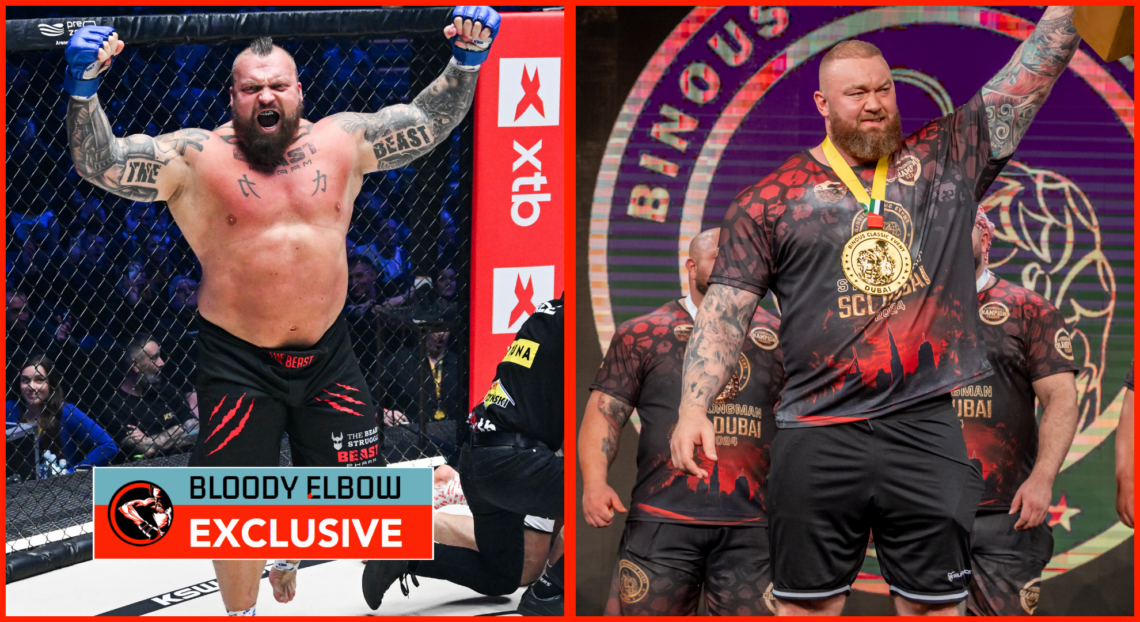 Eddie Hall after a KSW fight (right), Thor Bjornsson winning a strongman tournament (left)