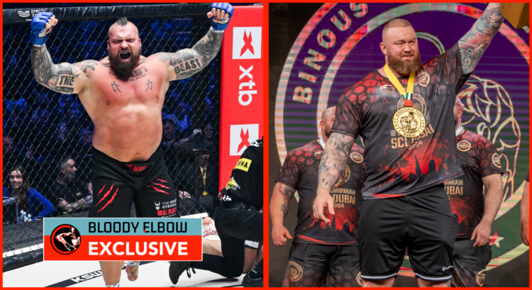 Eddie Hall after a KSW fight (right), Thor Bjornsson winning a strongman tournament (left)