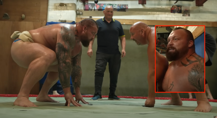 Eddie Hall taking part in a sumo wrestling match, with block photo showing him looking frightened