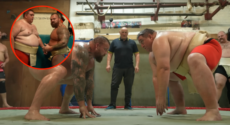 Eddie Hall before and after a sumo wrestling match with a member of the British Sumo Federation