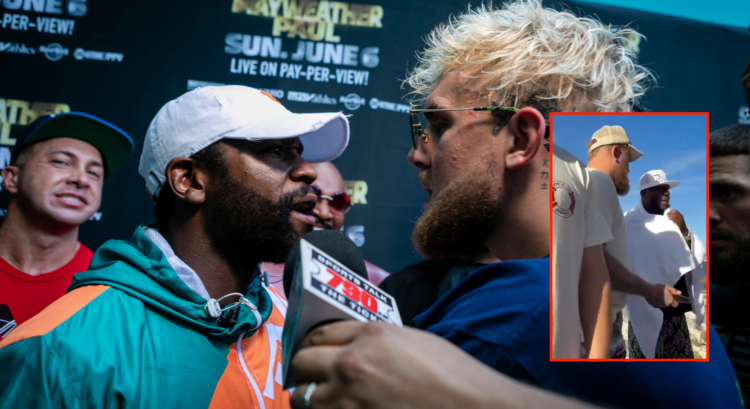 Floyd Mayweather angrily shouts at Jake Paul during a 2021 media event. Block photo shows the pair meeting in 2025 on a beach seemingly having a fr...