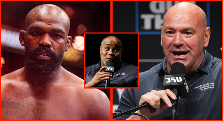 Jon Jones enters the Octagon for his fight at UFC 309, opposite Dana White at the UFC 318 press conference, inset Daniel Cormier at a UFC Q+A