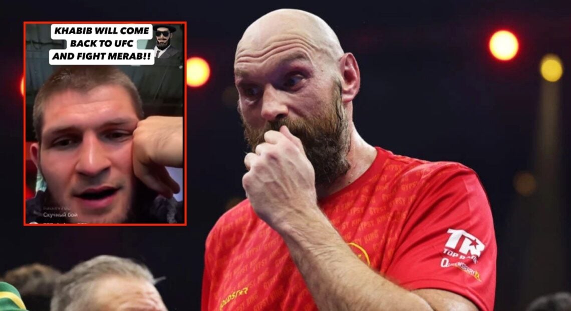 Tyson Fury reacts following defeat in his rematch with Oleksandr Usyk, inset Khabib Nurmagomedov on Instagram live.