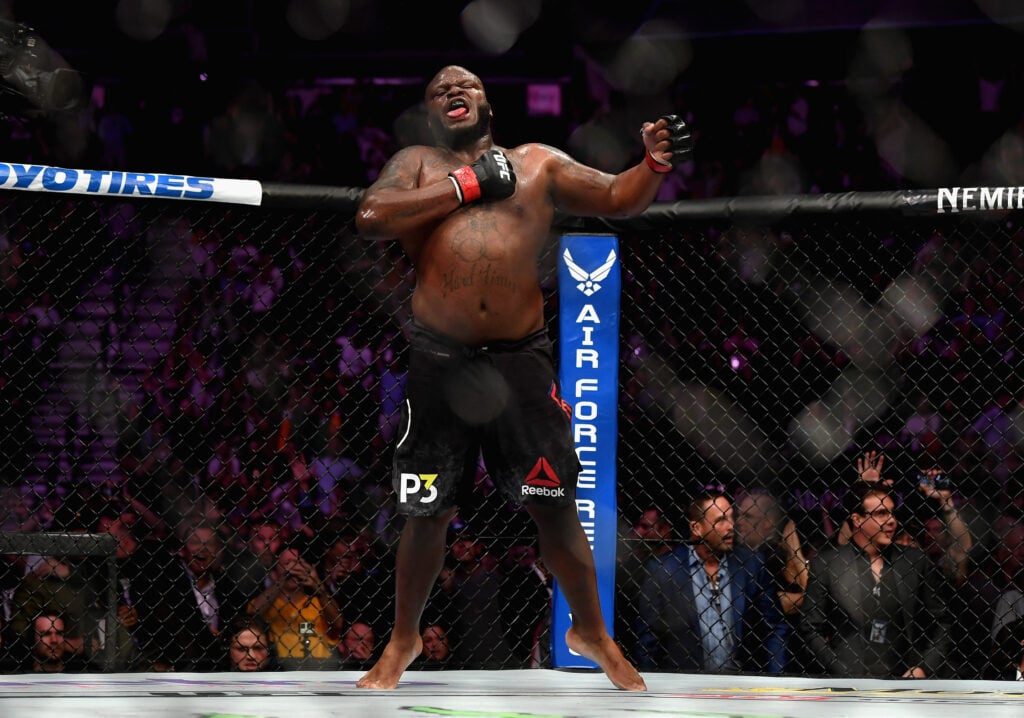 Derrick Lewis celebrates after knocking out heavyweight Alexander Volkov at UFC 229