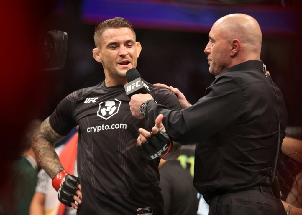 Dustin Poirier is interviewed by Joe Rogan after defeating Conor McGregor in their UFC 264 trilogy