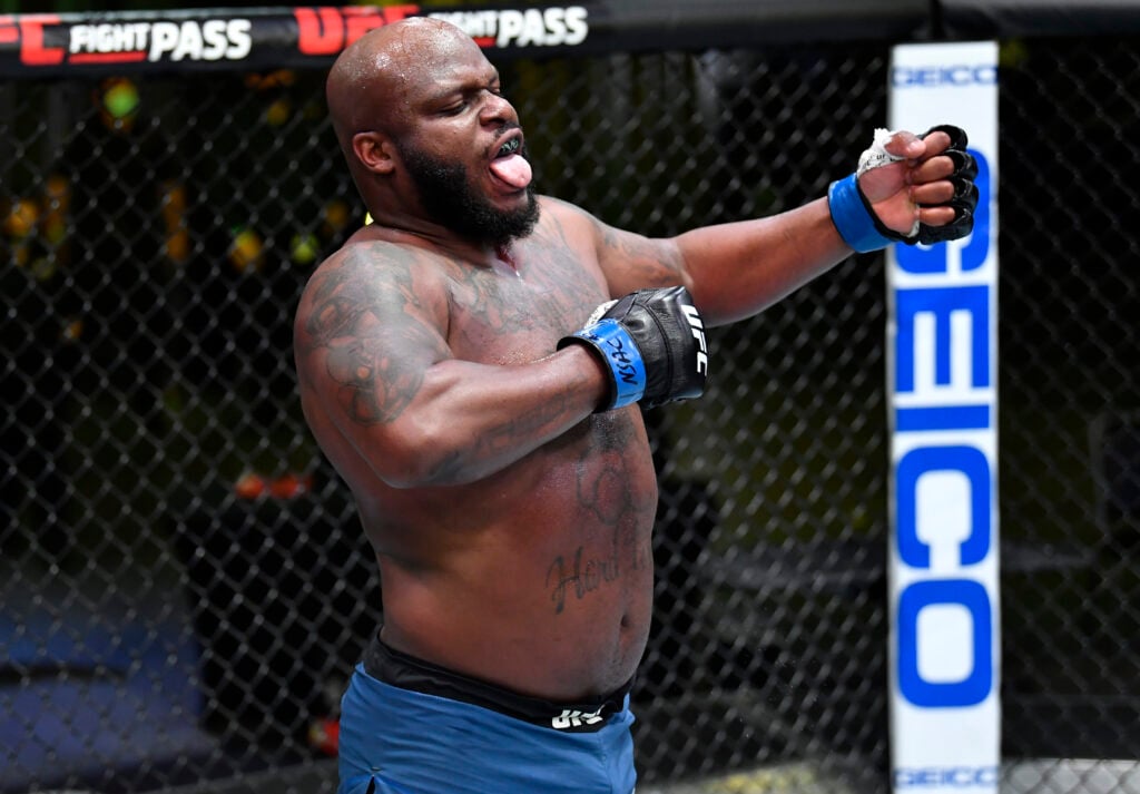 Derrick Lewis celebrates after knocking out Curtis Blaydes at the UFC Apex