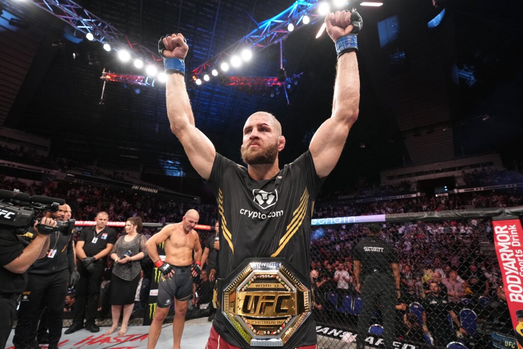 Jiri Prochazka celebrates after beating Glover Teixeira to win the UFC light heavyweight title at UFC 275.